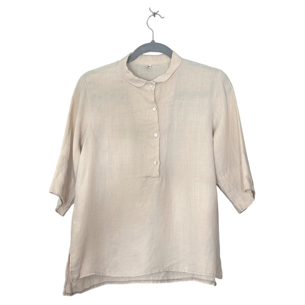 Mill Luxe Women Beige Linen Blend Henley Tunic Top Band Collar Elbow Sleeve M